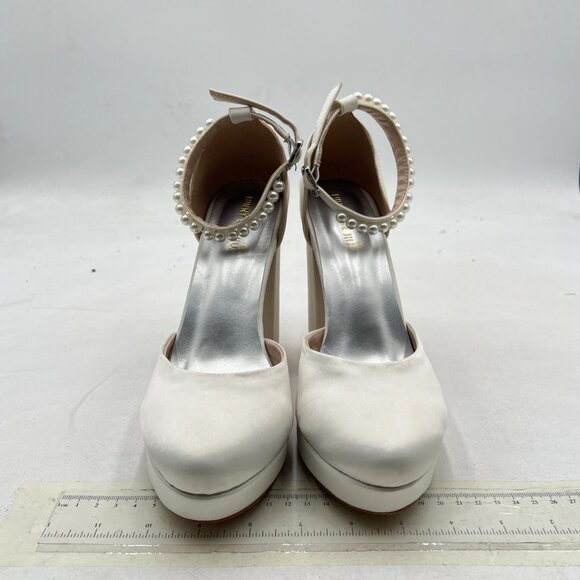 White Women's Pearls Ankle Strap Block Heels Platform Closed Toe Evening Shoes - Picture 2 of 7